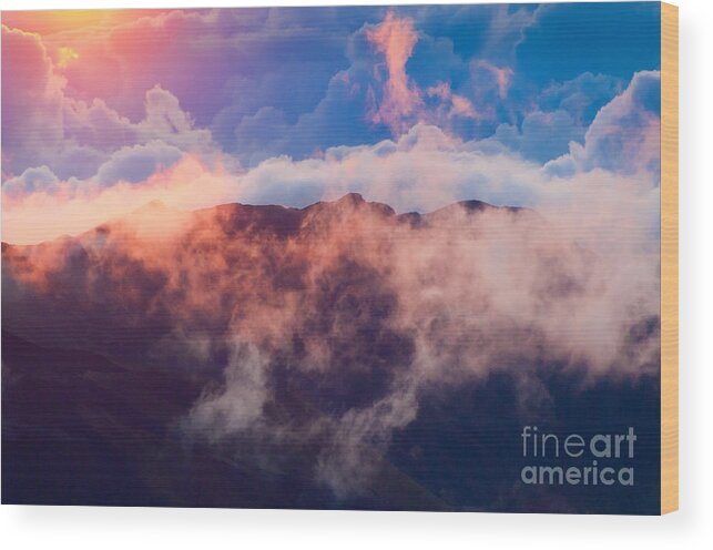 Haleakala National Park Wood Print featuring the photograph Clouds at sunrise over Haleakala Crater Maui Hawaii USA #9 by Don Landwehrle