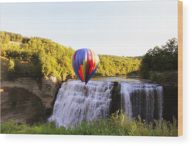 Hot Air Balloon Wood Print featuring the photograph A Ride Over the Falls by Trina Ansel