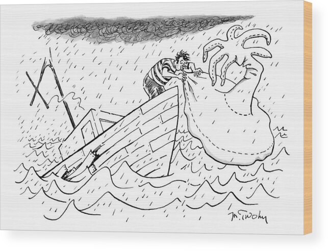 Shipwrecked Wood Print featuring the drawing A Sailor Blows Up An Inflatable Island by Mike Twohy