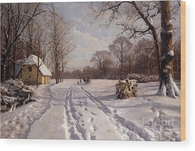 Danish Wood Print featuring the painting A Sleigh Ride through a Winter Landscape by Peder Monsted