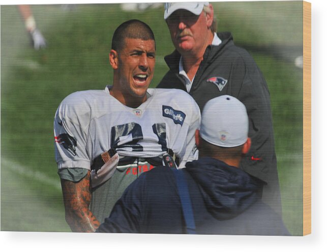 Patriot Wood Print featuring the photograph Aaron Hernandez with Patriots Coaches by Mike Martin
