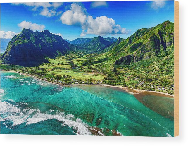 Scenics Wood Print featuring the photograph Aerial View of Kualoa area of Oahu Hawaii by Art Wager