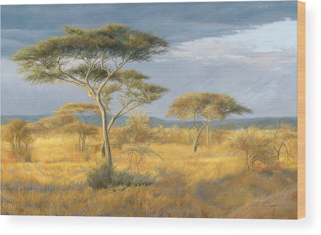 Landscape Wood Print featuring the painting African Landscape by Lucie Bilodeau