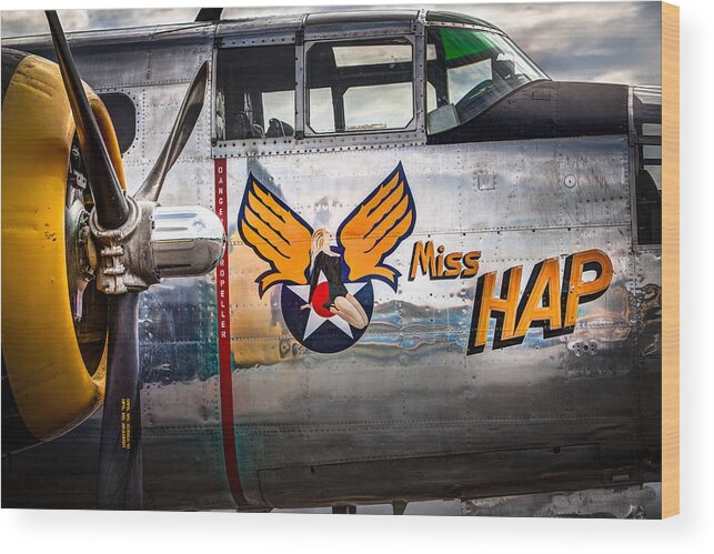 Aircraft Wood Print featuring the photograph Aircraft Nose Art - Pinup Girl - Miss Hap by Gary Heller