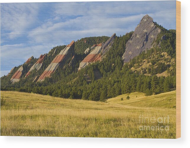 Flag Wood Print featuring the photograph American Patriotic Flatirons Boulder Colorado by James BO Insogna