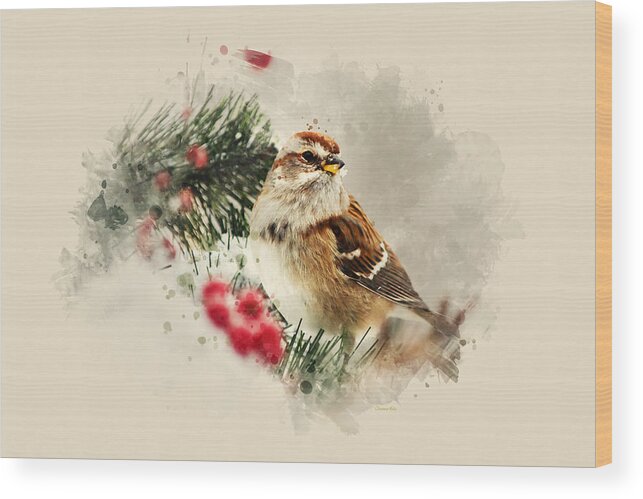 Bird Wood Print featuring the mixed media American Tree Sparrow Watercolor Art by Christina Rollo