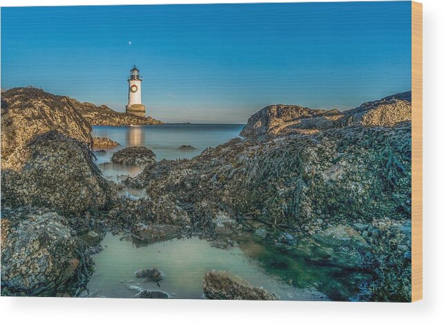 Lighthouse Wood Print featuring the photograph An early moon over Fort Pickering Light Salem MA by Bryan Xavier