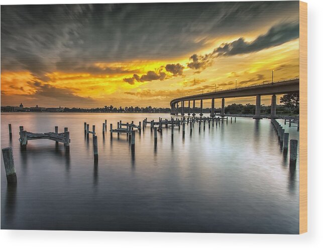 Sunset Wood Print featuring the photograph And The Water Caught Fire by Edward Kreis