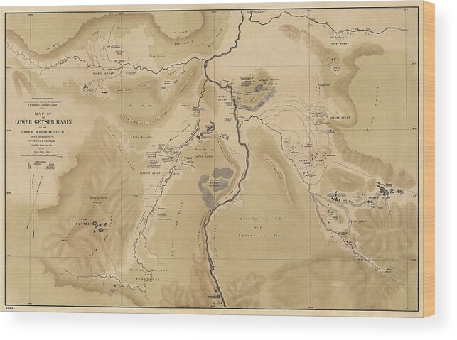 Yellowstone National Park Wood Print featuring the drawing Antique Map of Yellowstone National Park - Lower Geyser Basin - 1872 by Blue Monocle