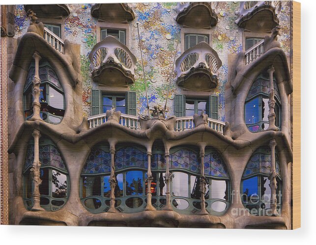 Antoni Gaudi Wood Print featuring the photograph Antoni Gaudi Casa Batllo Facade by George Oze