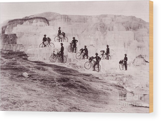 Mammoth Hot Springs Wood Print featuring the photograph Army Bicyclists Mammoth Hot Springs by NPS Photo