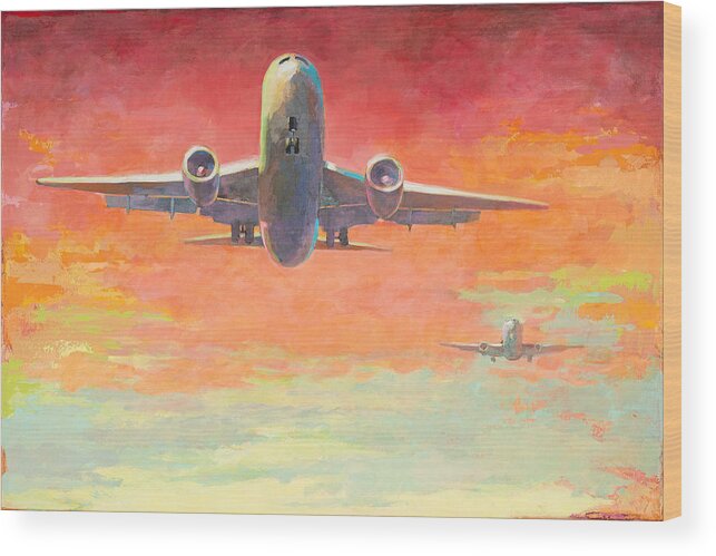 Airplanes Wood Print featuring the painting Arrivals #2 by David Palmer