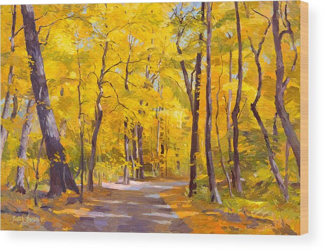 Forest Wood Print featuring the painting Ash Trees at Fall in the Morton Arboretum by Judith Barath