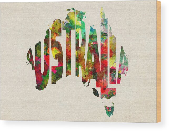 Australia Wood Print featuring the painting Australia Typographic Watercolor Map by Inspirowl Design