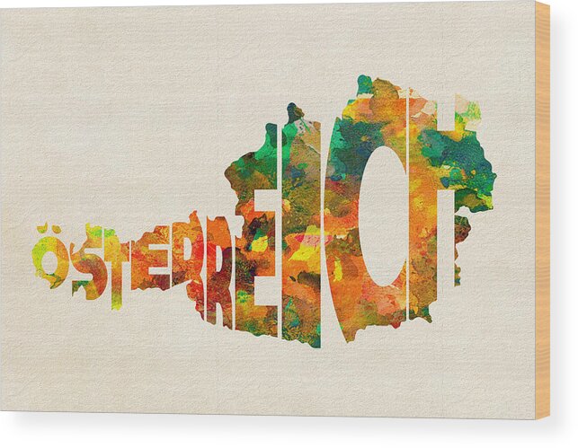 Austria Wood Print featuring the painting Austria Typographic Watercolor Map by Inspirowl Design