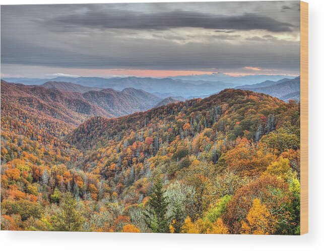 Blue Ridge Parkway Wood Print featuring the photograph Autumn colors on the Blue Ridge Parkway at sunset by Pierre Leclerc Photography