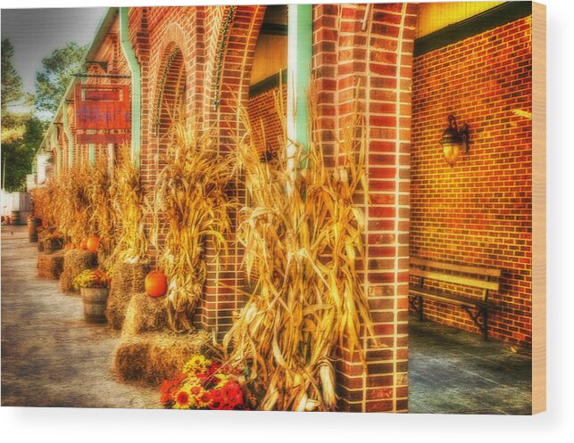 Autumn In Georgia. Pumpkins. Hay Bales. Corn Stalks. Mums. Red And Yellow Fall Flowers. Fall Landscape. Brick Architecture. Bench. Porch Lights. Sidewalks. Photography. Hdr. Prints. Canvas. Texture. Poster. Digital Art. Fine Art. Greeting Card. Thanksgiving Greeting Card. Nature. Fall Scene. Wood Print featuring the photograph Autumn in Georgia by Mary Timman