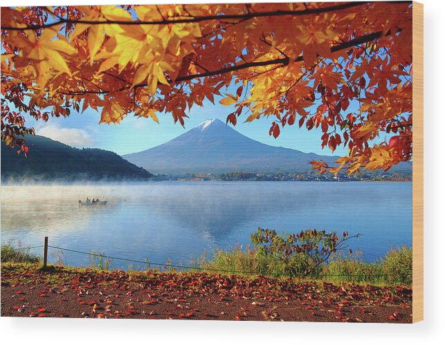 Snow Wood Print featuring the photograph Autumn Kawaguchiko Lake And Mt.fuji by Dewpixs Photography
