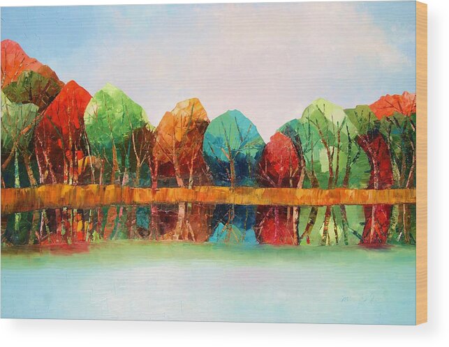 Autumn Colors Wood Print featuring the painting Autumn reflections by Misuk Jenkins