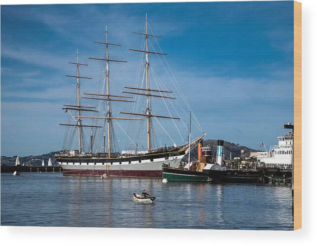 Tall Ship Wood Print featuring the photograph Rowing past Balclutha and Steamship Eppleton Hall by David Smith