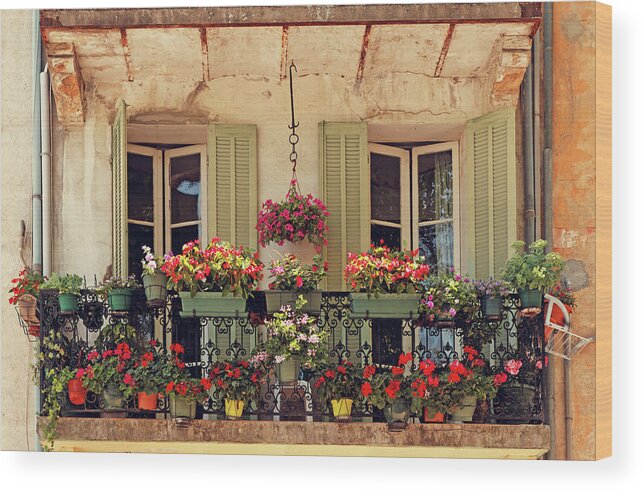 Shutter Wood Print featuring the photograph Balcony Decorated With Flowers by Mammuth