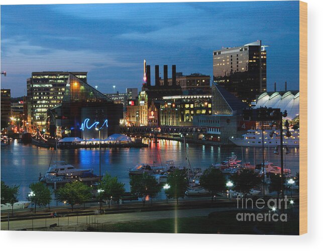 Baltimore Wood Print featuring the photograph Baltimore Inner Harbor at dusk by Bill Cobb