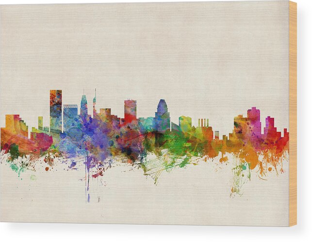 Watercolour Wood Print featuring the digital art Baltimore Maryland Skyline by Michael Tompsett