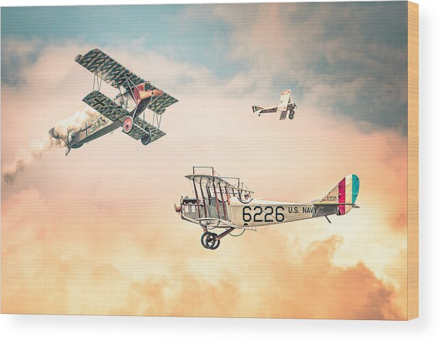 Biplanes Wood Print featuring the photograph Barnstormers in The Golden Age of Flight - Replica Fokker D Vll - Spad 7 - Curtiss Jenny JN-4H by Gary Heller