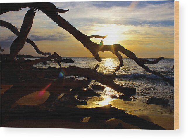 Light Rays Wood Print featuring the photograph Beach 69 Hawaii at Sunset by Venetia Featherstone-Witty