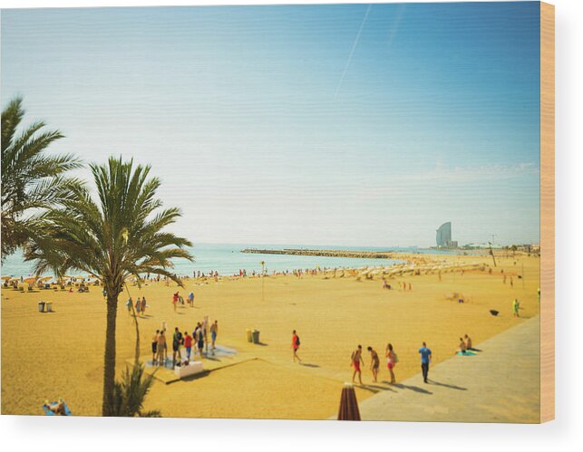 Orange Color Wood Print featuring the photograph Beach With Parasol In Barcelona, Spain by Mmac72