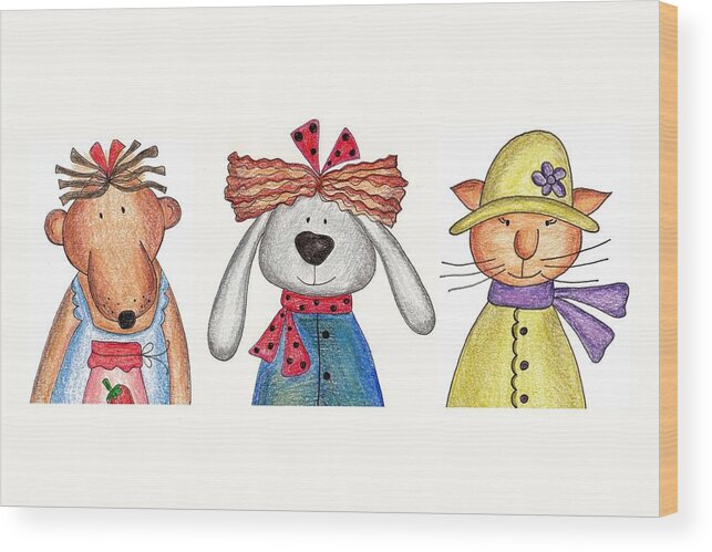 Pets Wood Print featuring the digital art Bear, Bunny And Cat by Ekaterinavassilieva