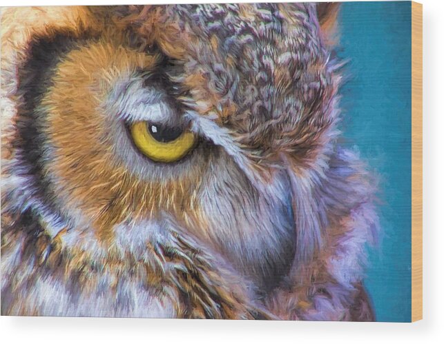 Great Horned Owl Wood Print featuring the painting Beautiful Great Horned Owl Bird Golden Eye by Tracie Schiebel