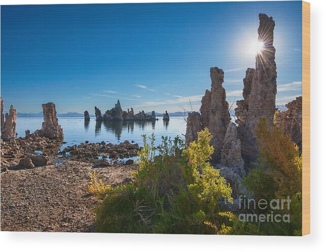 Mono Lake Wood Print featuring the photograph Beautiful sunrise view of the strange Tufa Towers of Mono Lake. by Jamie Pham