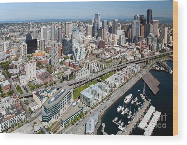 Aerial Wood Print featuring the photograph Belltown in Downtown Seattle by Bill Cobb