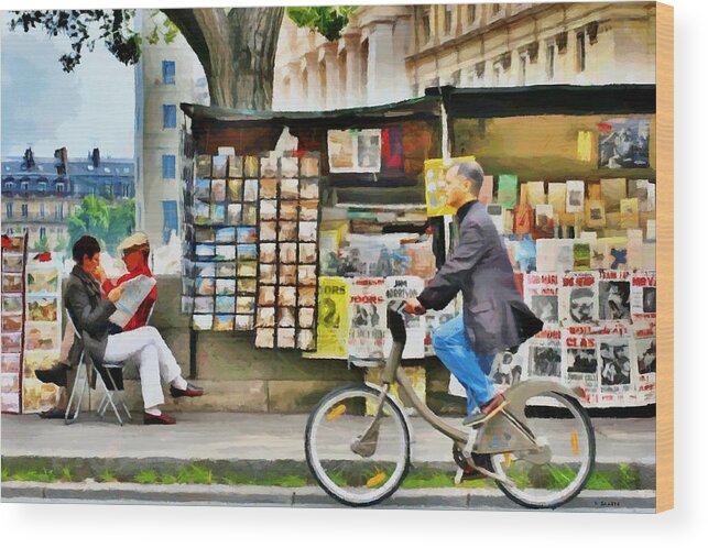 Paris Wood Print featuring the painting Bicycling in Paris by Kai Saarto