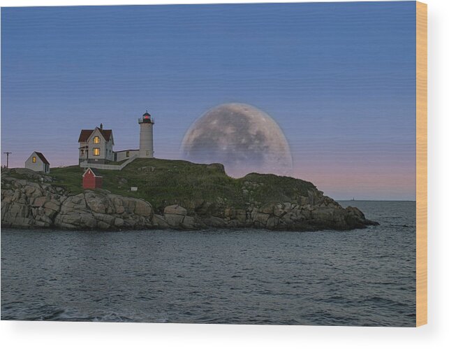 Nubble Lighthouse Wood Print featuring the photograph Big moon over Nubble Lighthouse by Jeff Folger