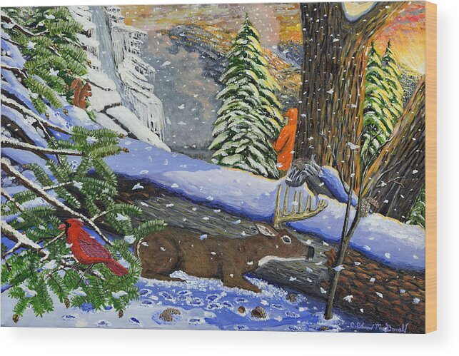 Landscape Deer Hunting Red Bird Hemlock Trees And Old Chestnut Trees Wood Print featuring the painting Big timber buck by Carey MacDonald