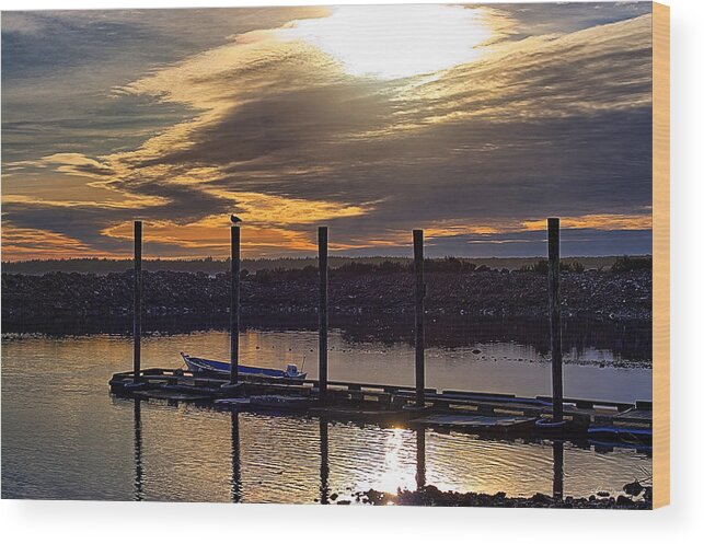 Sunset Wood Print featuring the photograph Bird - Boat - Bay by Chriss Pagani