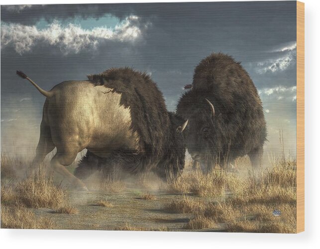 Bison Clash Wood Print featuring the digital art Bison Fight by Daniel Eskridge