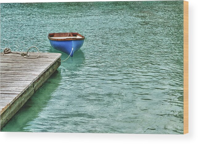 Blue Wood Print featuring the digital art Blue Boat Off Dock by Michael Thomas