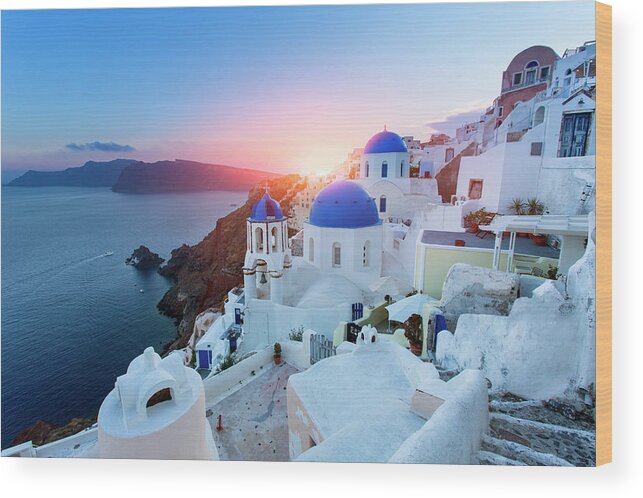 Greek Culture Wood Print featuring the photograph Blue Domed Churches At Sunset, Oia by Sylvain Sonnet