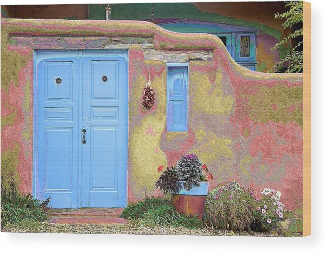 Adobe Wood Print featuring the photograph Blue Door in Ranchos by Jacqui Binford-Bell