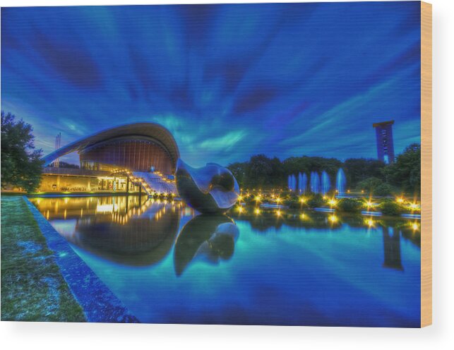 Architecture Wood Print featuring the digital art Blue hour Kulture Haus by Nathan Wright