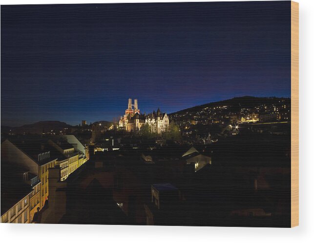 Chateau De Neuchatel Wood Print featuring the photograph Blue hour of the Chateau and Collegiale of Neuchatel Switzerland by Charles Lupica