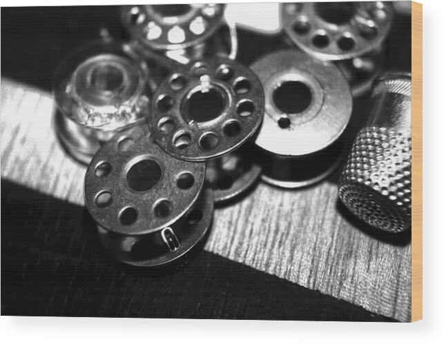 Vintage Sewing Machine Accessories Wood Print featuring the photograph Bobbins 2 BW by Lesa Fine