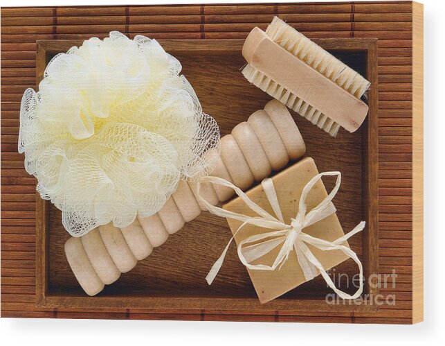 Spa Wood Print featuring the photograph Body Care Accessories in Wood Tray by Olivier Le Queinec