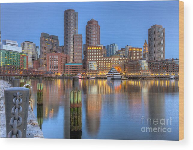 Clarence Holmes Wood Print featuring the photograph Boston Harbor and Skyline Morning Twilight III by Clarence Holmes