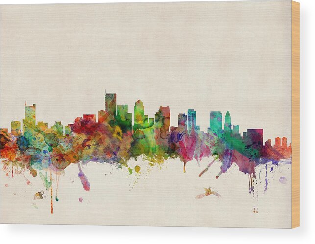 Watercolour Wood Print featuring the digital art Boston Massachusetts Skyline by Michael Tompsett