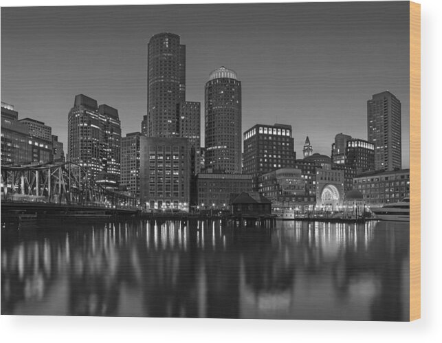 Boston Wood Print featuring the photograph Boston Skyline Seaport District BW by Susan Candelario