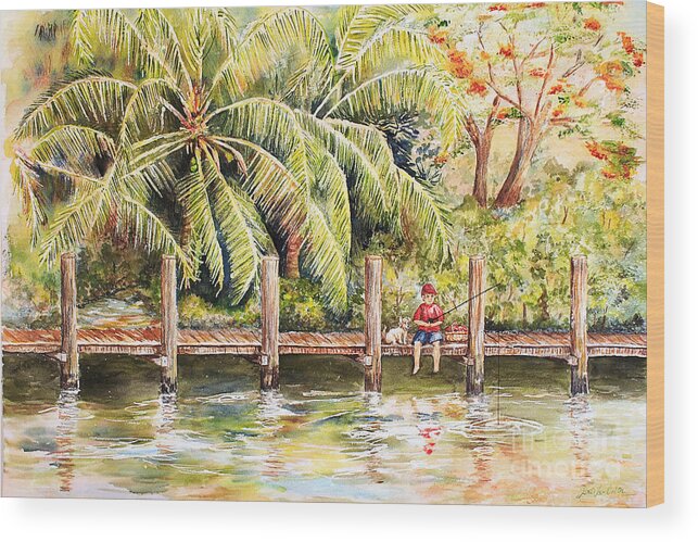 Ft Lauderdale Wood Print featuring the painting Boy Fishing with Dog by Janis Lee Colon